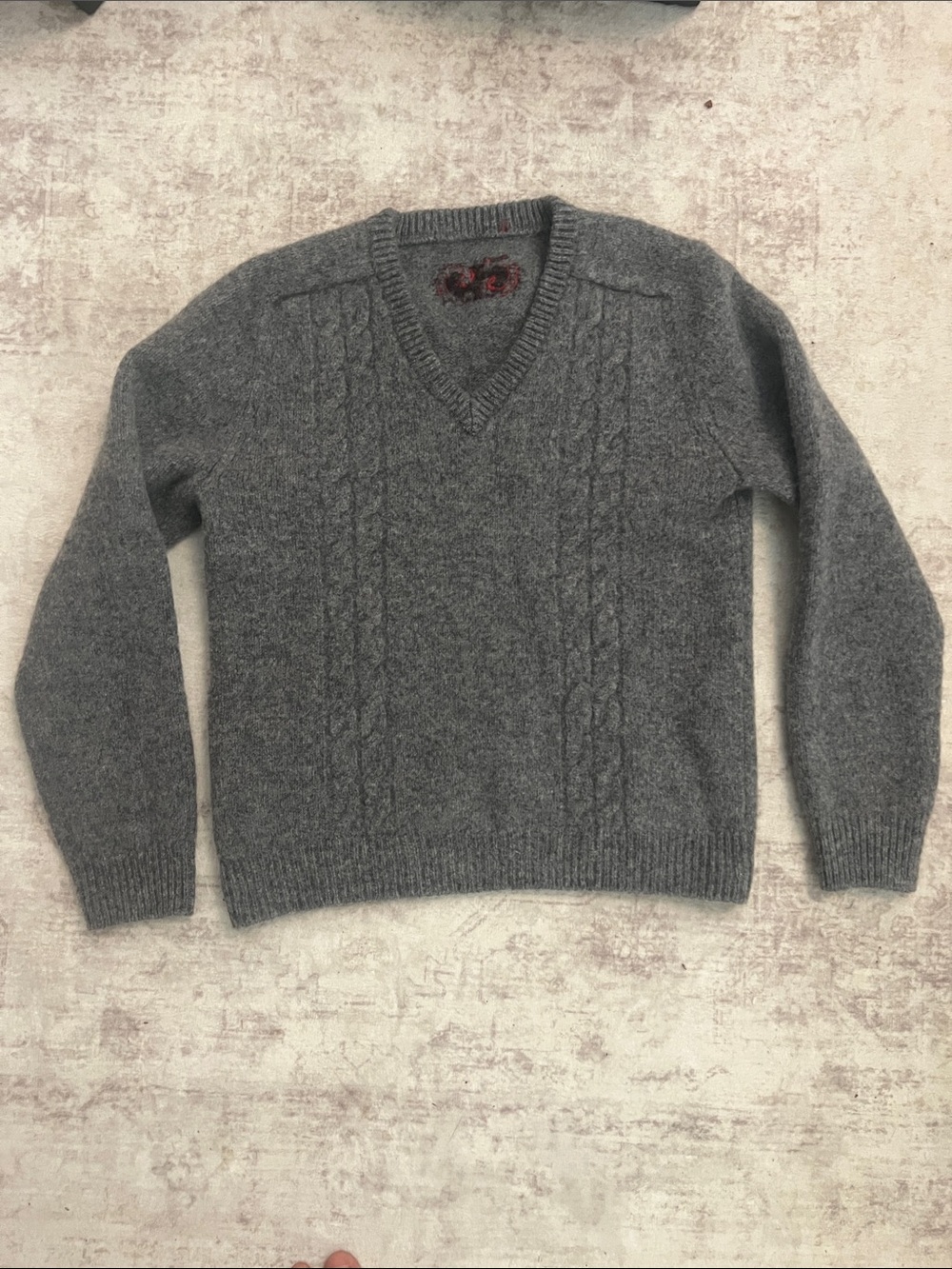 Gucci Grey Cable-Knit V-Neck Sweater - Embroidered GG Logo